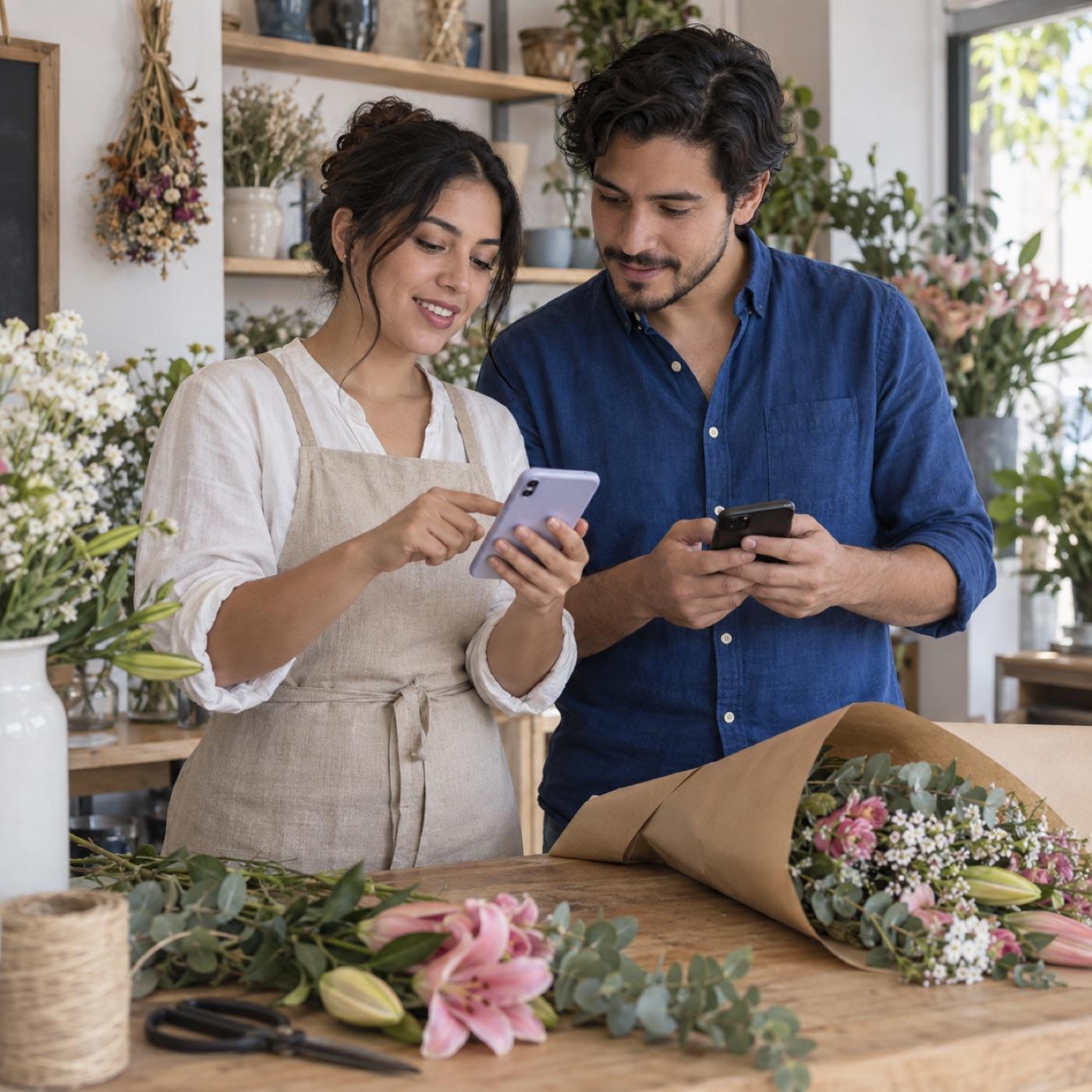 Dos colaboradores de una florería consultan información desde sus propios celulares.