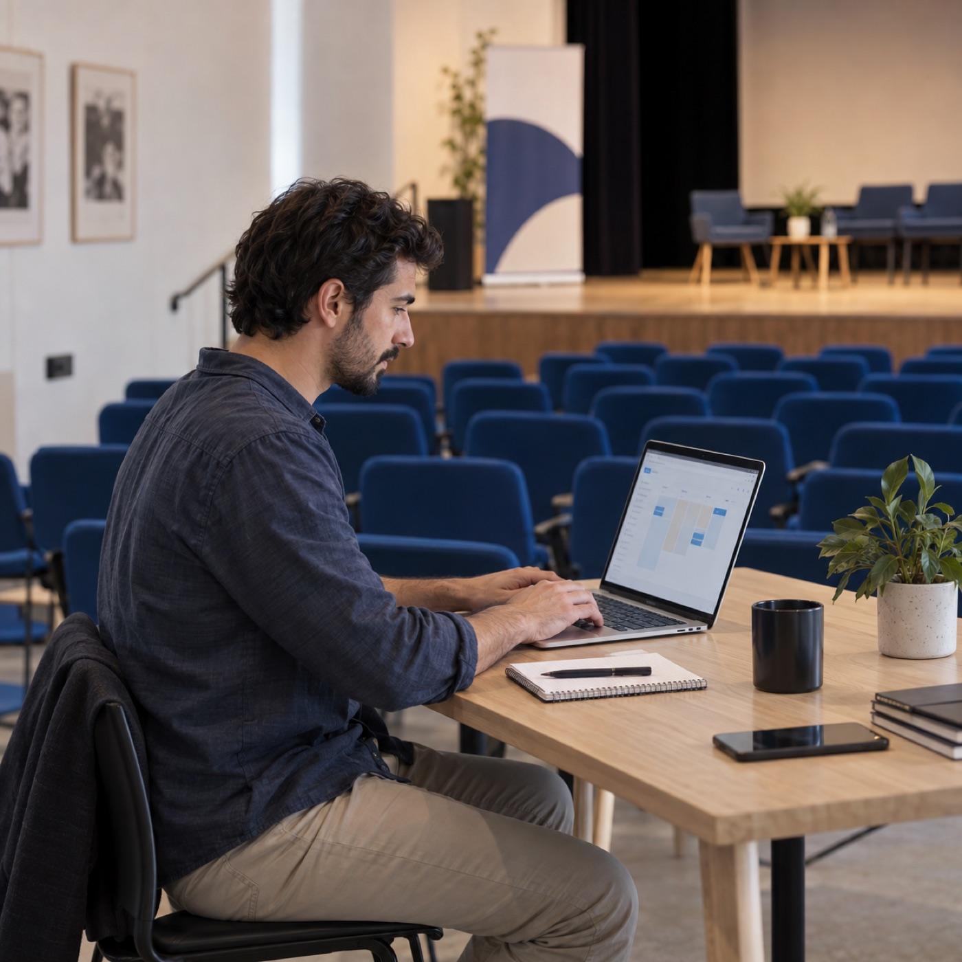 Un organizador prepara un evento desde su computadora en un auditorio.