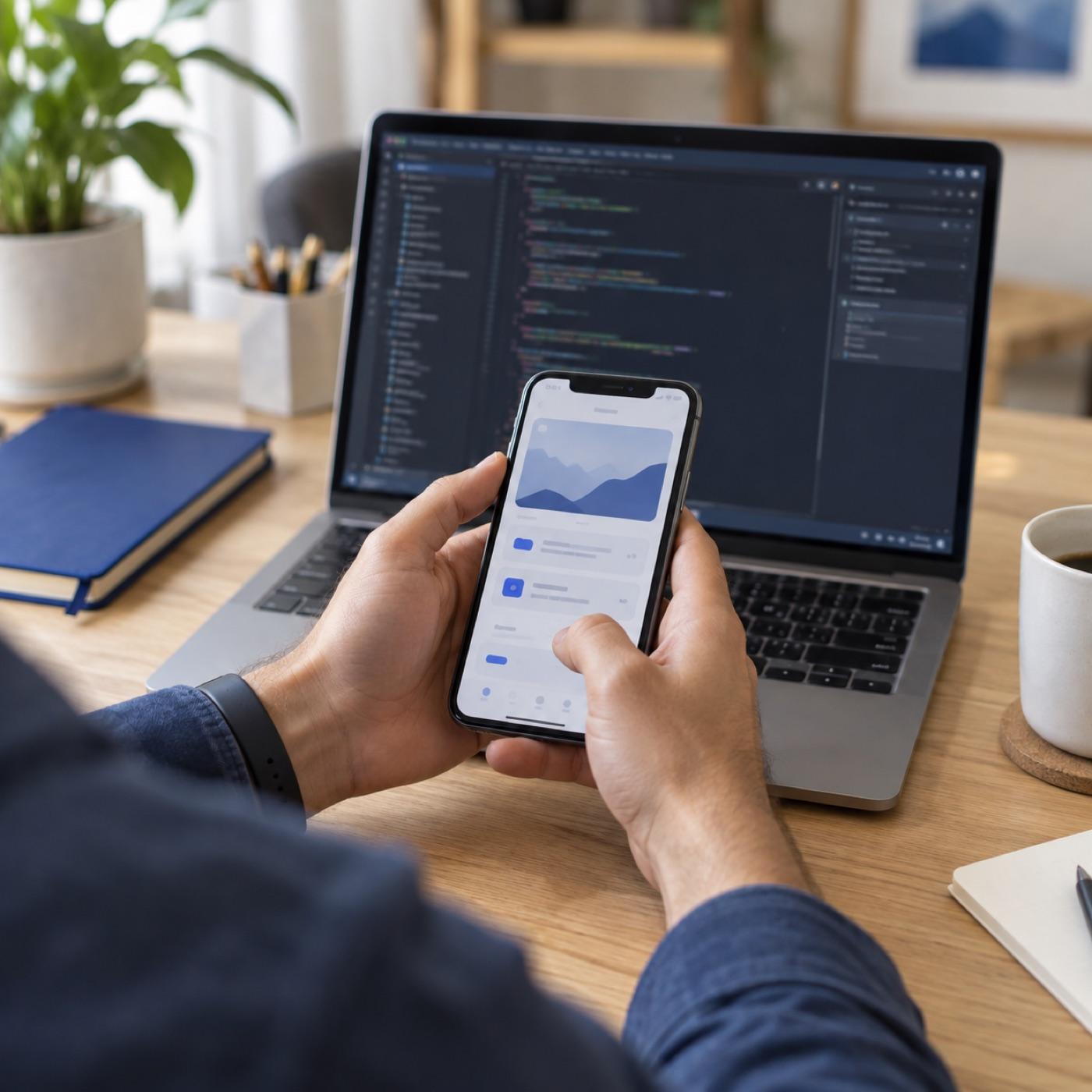 Un desarrollador prueba una integración entre su computadora y un celular.